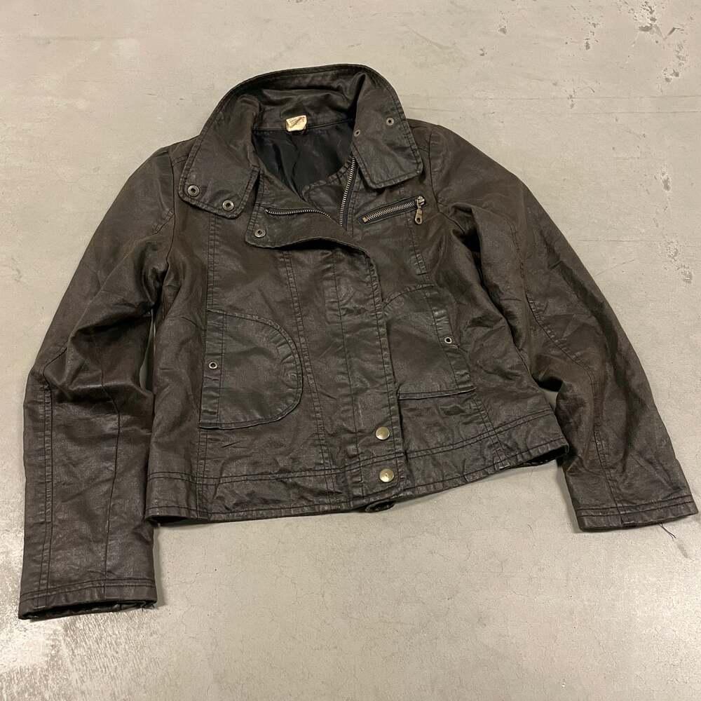 Y2K Korean asymmetric faux leather moto jacket